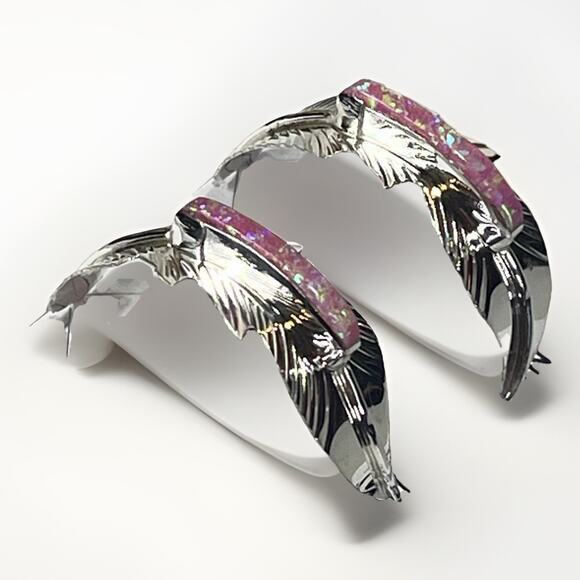 New Navajo Allen Barney Sterling Silver Pink Opal Feather Earrings Native SW - Picture 2 of 14